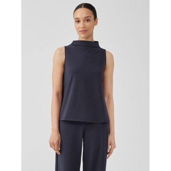 Eileen Fisher Size 2X Black Pima Cotton Stretch Jersey Funnel Neck Tank NEW - Picture 1 of 4